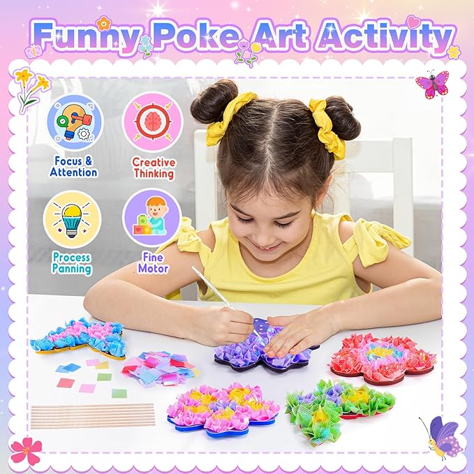 Arts and Crafts for Girls Ages 4-12, Poke Art Flower Bouquet with 8 Flowers & 2 Butterflies DIY Creative Activity Mess-Free Fun for Kid Party Favors Birthday Christmas Gifts for 4-12 Year Old Girls