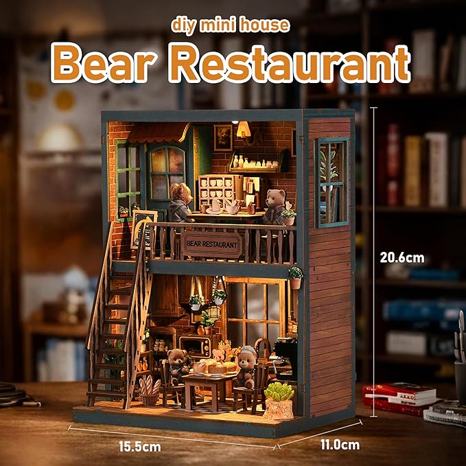 ISSEVE Book Nook Kit - DIY Miniature House Kit for Adults, Teens and Beginners, Dollhouse Booknook Craft Tiny House Bookshelf Decor 3D Wooden Puzzle, Gifts for Friends Family (Bear Restaurant)