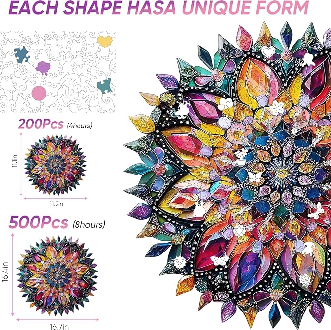 Wooden Jigsaw Puzzles 500 Pcs - Diamond Mandala Wooden Puzzles for Adults, Luxurious Shaped Wood Puzzle, Beautiful Package, Best Gift for Adults and Kids, Family Game, 16.7'' x 16.7''