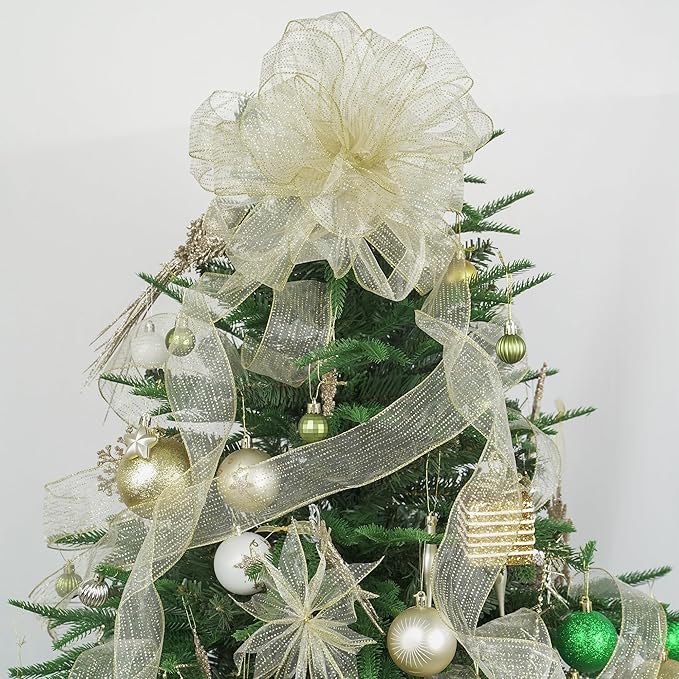 MEEDEE Glitter Gold Wired Ribbon 2.5 Inch Horizontal Stripes Polka Dot Christmas Ribbon Organza Sheer Glitter 25 Yards Gold for Christmas Tree, Wreath Bow Making