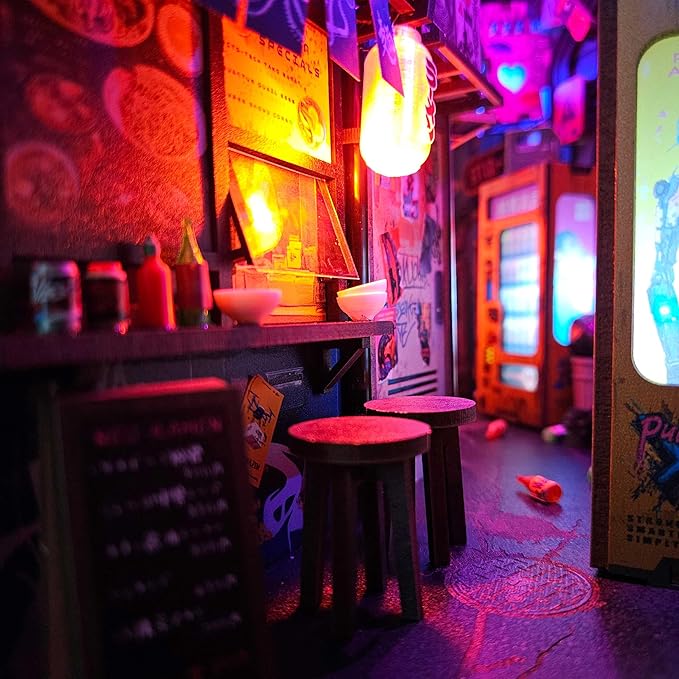 Neo Ramen MiniAlley DIY Cyberpunk Book Nook Kit – Wooden Diorama with Neon Lights, Futuristic Ramen Shop & Endless Alley Illusion – Unique Collectible Display for Bookshelf or Desk
