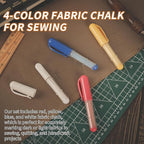 (4-pack) Fabric Chalk Markers (Red, Yellow, Blue, White) -Erase Tailor’s Chalk for Quilting and Sewing - Compatible with Most Fabrics - With Dosing Wheel Technology, 4 Colors