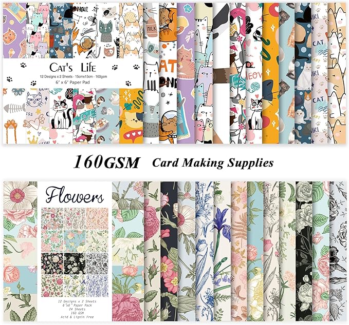 48 Sheets 24 Designs Scrapbook Paper Pad, 6"×6" Single-Sided Decopodge Craft Cardstock Paper,Scrapbooking DIY Decorative Background Cardmaking Supplies.Cat's Life&Flowers
