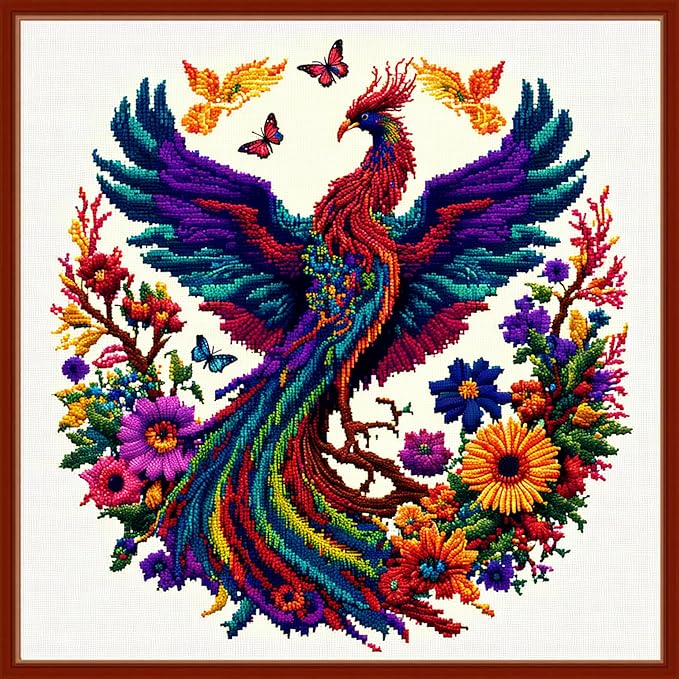 Dimensean Stamped Cross Stitch Kits Full Range of Embroidery Patterns Starter Kits for Beginners Adult or Kids DIY Cross Stitches Needlepoint Kits 11CT-Colorful Phoenix 17.7x17.7 inch