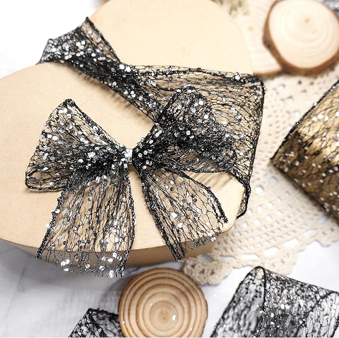 CT CRAFT LLC Sparkling Glitter Mesh Wired Ribbon 2.5" x 20 Yards Black for Christmas Home Decor Bow Gift Wrapping DIY Crafts Wreath