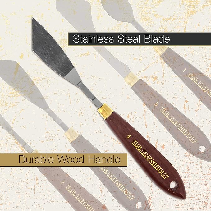 U.S. Art Supply 5-Piece Artist Stainless Steel Palette Knife Set - Wood Hande Flexible Spatula Painting Knives for Color Mixing Spreading, Applying Oil, Acrylic Paint on Canvas