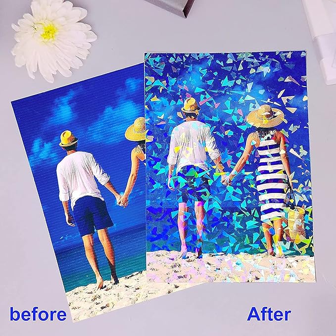 36 Sheets Holographic Sticker Paper Clear Vinyl Sheets Self-Adhesive Overlay Film Laminate Sticker Paper Rainbow/Dots/Star/Broked Glass/Sand Star/Heart, 8.5x11 Inch