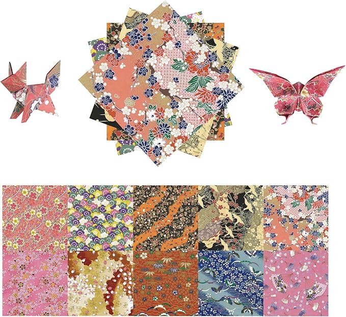 Origami Paper Kit 50 Sheets 6 Inch Square Double Sided Color 10 Vivid Sakura Washi Chiyo Colors for Hand Crafts Origami Paper Arts Creativity.Cherry Blossoms