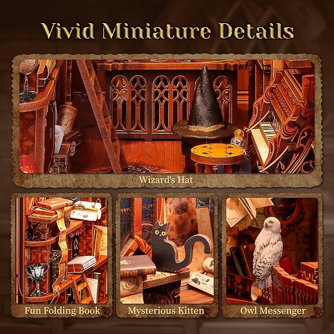 3D Wood Puzzle Book Nook Kit, DIY Magical Miniature Dollhouse with LED Light, Magic World Bookshelf Insert Bookend for Display, 3D Puzzle Craft Set for Adults (Magic World)