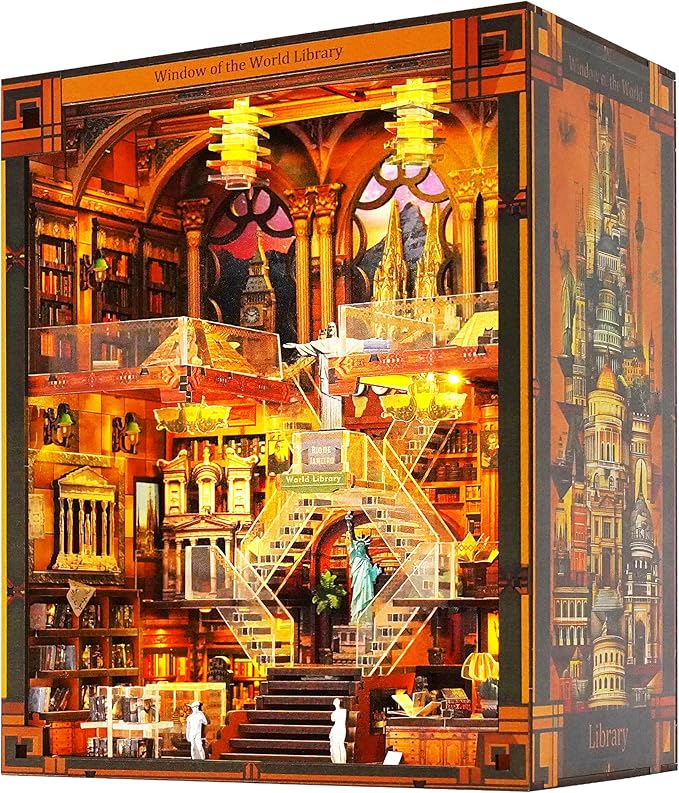 Book Nook Kit - DIY Miniature World Library Booknook - 3D Wooden Puzzle with LED Lights - Creative Bookshelf Insert & Educational Gift for Adults