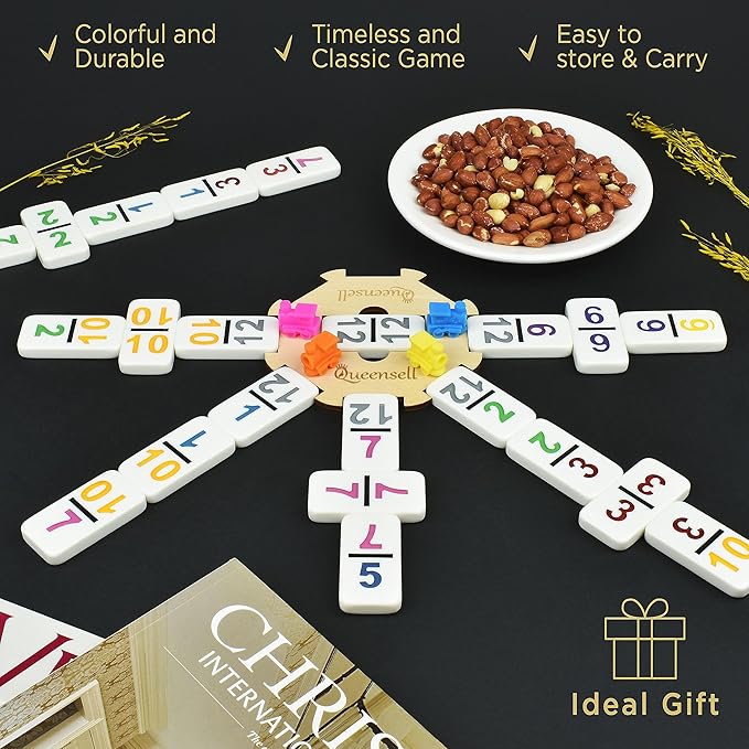 Queensell Mexican Train Dominoes Set with Numbers, Double 12 Dominoes Sets for Adults, Mexican Domino Train for Adults and Family - Domino Sets 91 Tiles with Aluminum Case