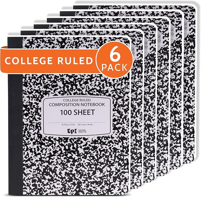 EPI Marble Hardcover College Ruled Composition Notebook | 200 Pages (100 Sheets), 9.75 x 7.5 in, Sturdy Sewn Binding | School, Office, Journaling, Notes - 6 Pack