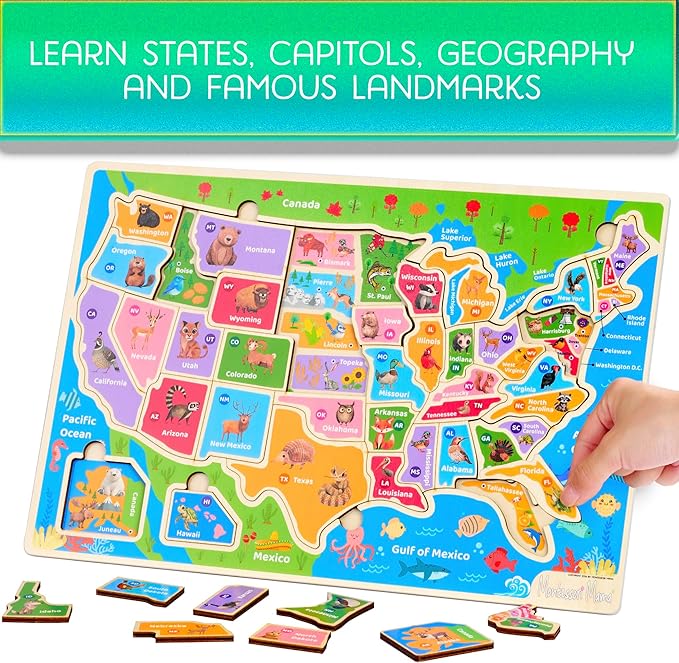 Montessori Mama USA Map Wooden Puzzle, Puzzles for Kids Ages 4-6 Educational Toys for 4 Year Old Kids Puzzles Ages 5-8 Landmarks, Animals, Capitols and States