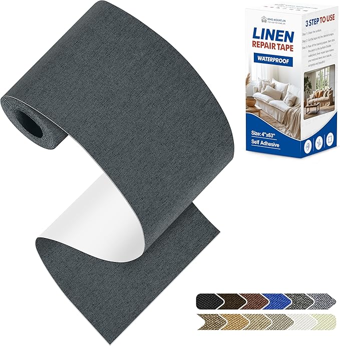 KING MOUNTAIN Linen Repair Patches, Self-Adhesive Linen Fabric Patches, 4 X 63 inch Extra Size, Multi Color, Can be Used for Linen Sofa Repair and Linen Clothes Repair (Charcoal Gray)