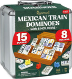 Queensell Mexican Train Dominoes Set Double 15 with 8 Holders - Wooden Hub and Tiles Holders - Double 15 with Dots (D15 + 8 Holders)