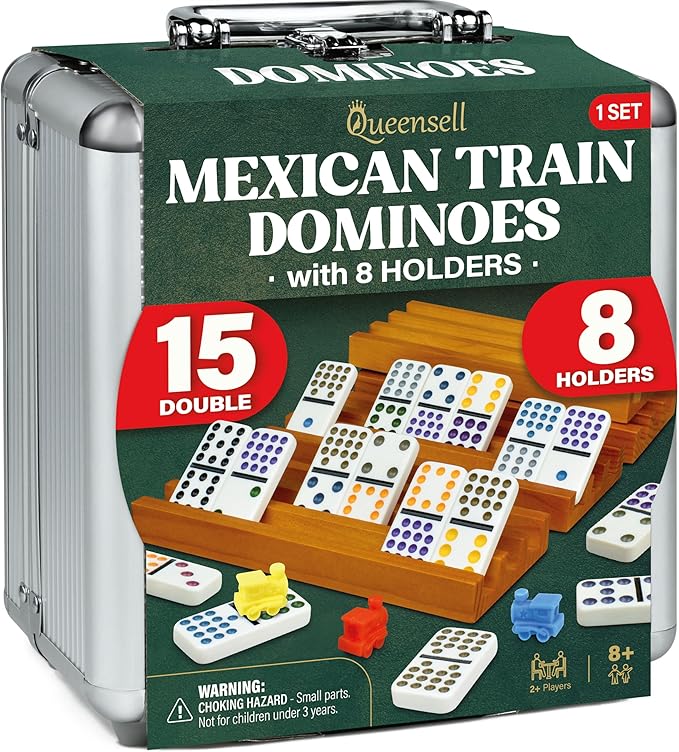 Queensell Mexican Train Dominoes Set Double 15 with 8 Holders - Wooden Hub and Tiles Holders - Double 15 with Dots (D15 + 8 Holders)