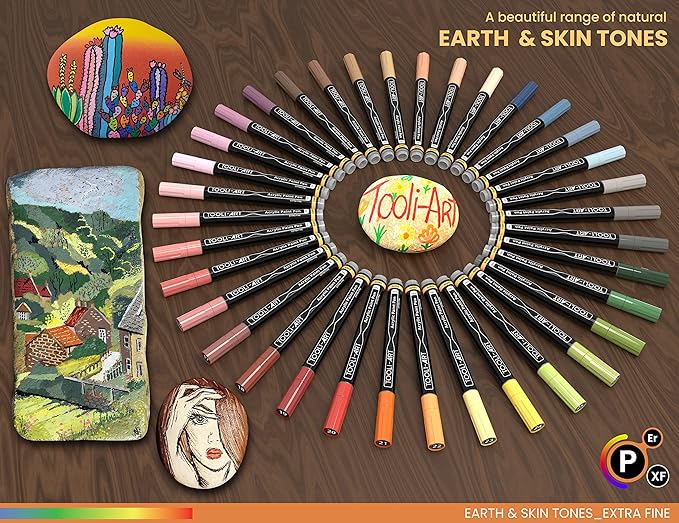 36 Acrylic Paint Pens Skin and Natural Earth Tone Marker Set For Rock Painting, Canvas, Mugs, Glass, Plastic, Wood, Metal, Fabric, Scrapbooking, Most Surfaces. Quick Drying Waterbased (EXTRA FINE)