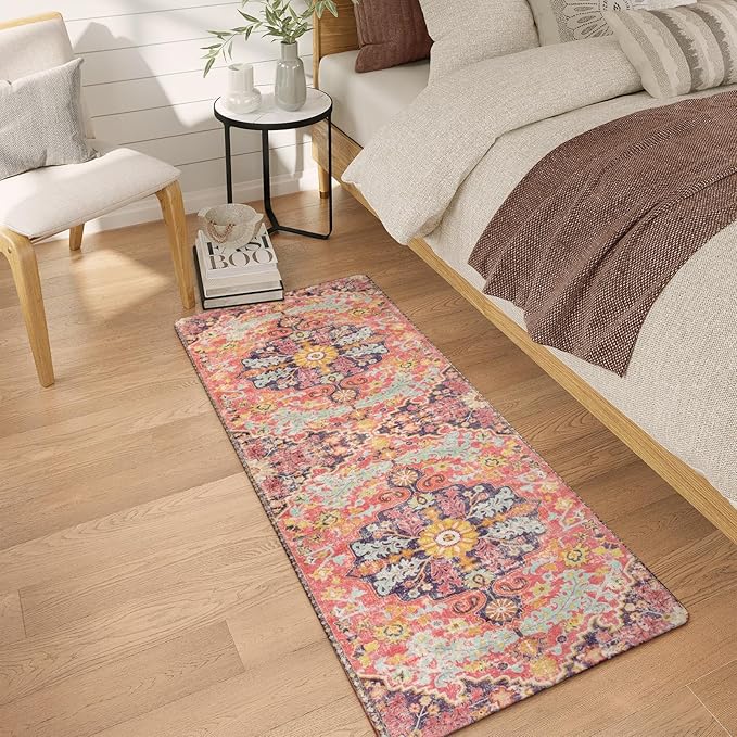 Lahome Bohemian Washable 2x5 Hot Pink Kitchen Runner Rug, Non Slip Bathroom Laundry Room Rug Runner, Floral Medallion Soft Carpet Runners for Entryway Hallway Foyer Decor