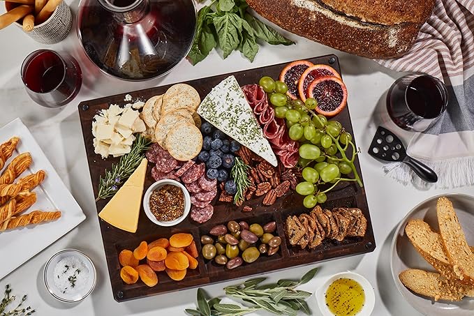 Sonder Los Angeles Alfred Cutting Board Made in USA | Black Walnut End Grain Cutting Board with Non-Slip Feet, Juice Groove, Sorting Compartments | Gift Box Included | 17x13x1.5 in