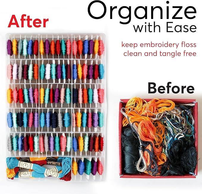 2PACK Embroidery Floss Organizer Box with 50 Cardboard Bobbins - 17 Compartments Clear embroidery thread and Beads organizer box, Snap-Tight Clear Sewing Organizer - Jewelry Bead Holder (Made in USA)