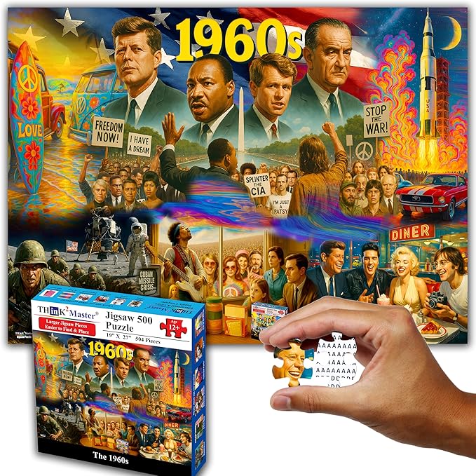 Think2Master 1960s 500 Pieces Large Format Jigsaw Puzzle: Kids 12+, Teens, Adults & Families. Travel Back in Time with The Nostalgic Collage. Great Gift. Size: 26.8” X 18.9”