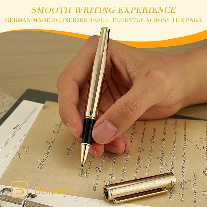 BEILUNER Luxury Personalized Gold Rollerball Pen, Stunning 24K Gold Finish, Noble and Elegant Designs,Schneider Refill, Fancy Gift Set for Men & Women, Executive Writing, Office, Nice Graduation Gift