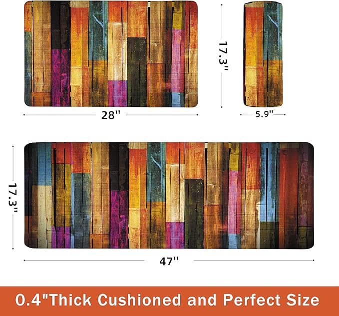 Kitchen Mats for Floor Colorful kitchen rugs Cool Wooden Abstract Anti Fatigue Kitchen Mats Waterproof Floor Mats Cushioned Non-Skid Standing Mats for Laundry, Sink, Set of 2,17.3 x 28+17.3 x 47 Inch