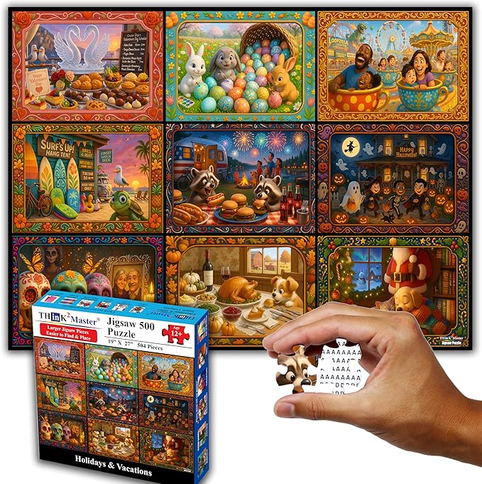 Think2Master Holiday Collage 500 Pieces Large Format Jigsaw Puzzle: Kids 12+, Teens, Adults & Families. A Year of Celebration an Excellent Present for Birthdays, Christmas. Size: 26.8” X 18.9”