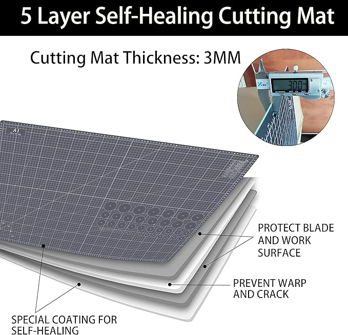 Headley Tools Thickened 24 x 36 Inch Self Healing Cutting Mat, Durable A1 Double Sided 5-Layer Craft Cutting Board for Fabric, Quilting, Sewing, Hobby, Scrapbooking, Arts and Crafts Project, Dark Gray