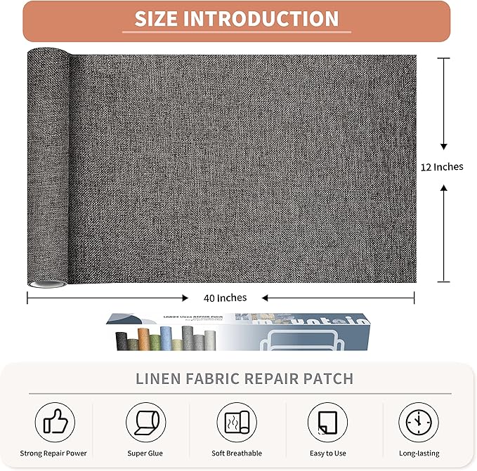 KING MOUNTAIN Coarse Linen Repair Patches, Self-Adhesive, 12x40 Inch, Dark Grey, Polyester, Washable, for Linen, Nylon, Cotton, Leather
