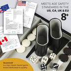 Backgammon Sets for Adults – 15-Inch Black PU Leather Board Game Set – Classic 2-Player Travel Backgammon Set with 32 Playing Pieces, Dice, and Cups