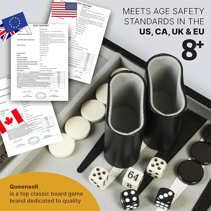 Backgammon Sets for Adults – 15-Inch Black PU Leather Board Game Set – Classic 2-Player Travel Backgammon Set with 32 Playing Pieces, Dice, and Cups
