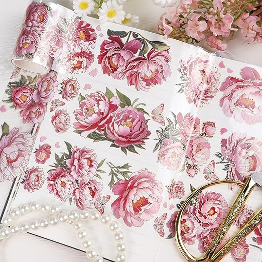PET Tapes - Pink Flower Scrapbook Supplies, Transparent Floral Tapes for Junk Journal Planner