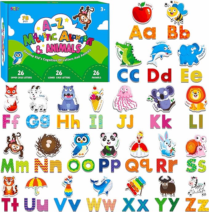 78 Magnetic Alphabet, 26 Uppercase, 26 Lowercase Letters & 26 Object Patterns, Adorable Animal Alphabet ABC Fridge Magnets Educational Letter Spelling Learning Toys Set for Toddlers 3 4 5 Years Old