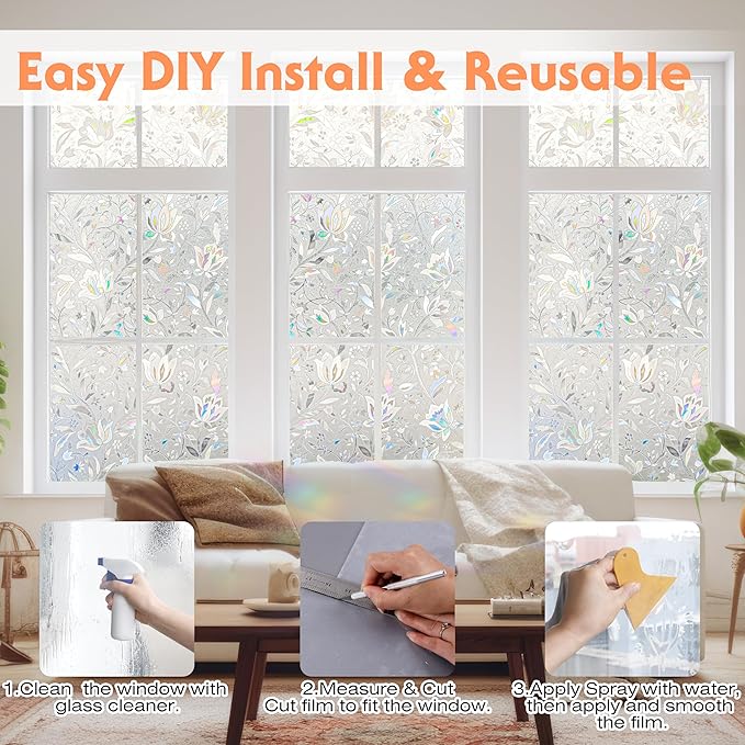 Hilarious Privacy Window Film, Tulip Window Vinyl, Stained Glass Static Stickers, 3D Decorations for Glass Windows, Removable Window Covering, Adhesive-Free Stickers (11.8'' x 78.7'')