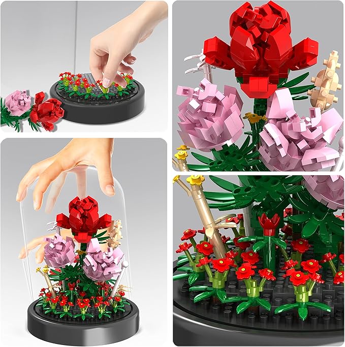 Flower Bouquet Building Kit, 524 Pcs Mini Bricks Building Blocks Sets, Forever Rose Decorated Flower with Dust Cover, Valentine's Day Gifts for Her Mom Women (Rose Flower)