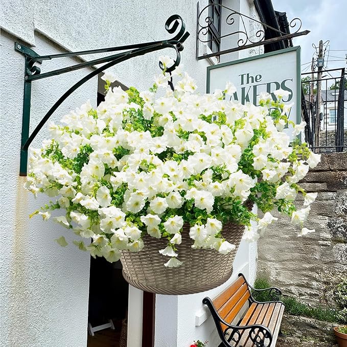 Artificial Fake Flowers For Outdoor Outside Decoration,16 Bundles UV Resistant Faux Plastic White Flowers with Green Eucalyptus Stem Plants Bulk Look Real for Home Porch yard Patio Planters (White)