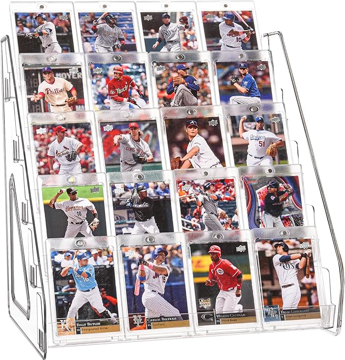 Elevated 5 Tier Clear Acrylic Card Display Stand for Trading Cards, Sports Cards, Greeting Cards, Stickers – Slanted Holder for PSA Slabs, Vendors, Collectors & Retail (5 Tier 1 Pack)