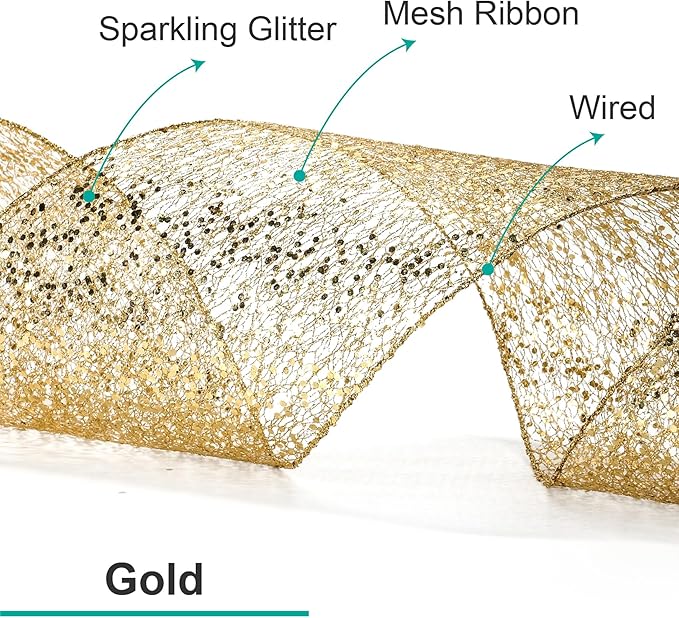 CT CRAFT LLC Sparkling Glitter Mesh Wired Ribbon 2.5" x 10 Yards Gold for Christmas Home Decor Bow Gift Wrapping DIY Crafts Wreath