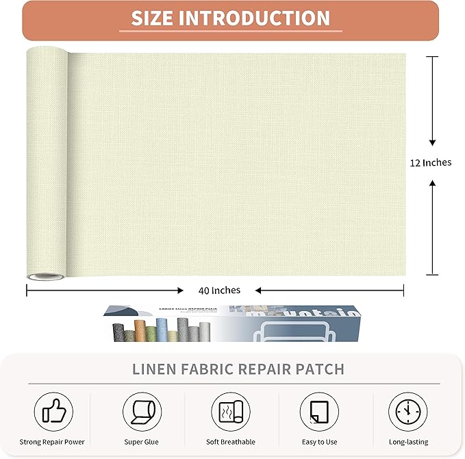 Fine Linen Repair Patches, Self-Adhesive Linen Fabric Patches, 12X40 inch Extra Size, Multi Color, Can be Used for Linen Sofa Repair and Linen Clothes Repair(12" x 40",Beige 3.0)