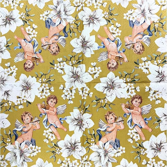 20-ct 13x13 Christmas Paper Decoupage Napkins, 3-Ply Servilletas Tissue Napkin for Dinner and Parties, Disposable Napkins (Angel Flower)