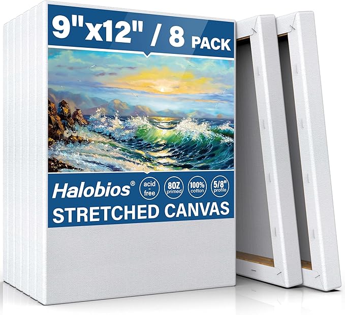 Stretched Canvases for Painting, 8 Packs 9X12 Inch Canvases for Acrylics,Oils & Other Painting Media, 5/8 Inch Profile 100% Cotton Primed Artist Framed Canvas