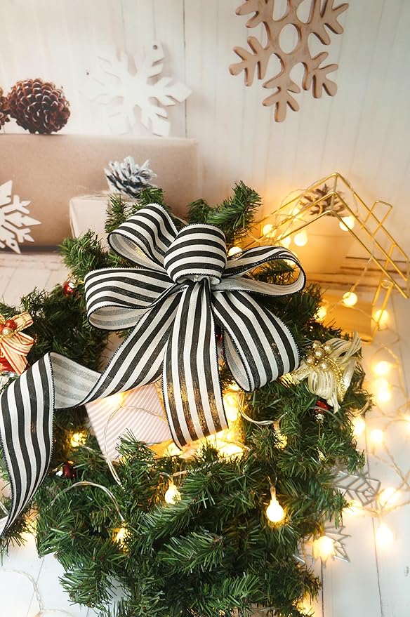 CT CRAFT LLC Striped Canvas Cotton Ribbon 4" x 10 Yards Ivory/Black Stripes for Thanksgiving Christmas Home Décor Gift Wrapping Outdoor Tree Topper Bow Wreath
