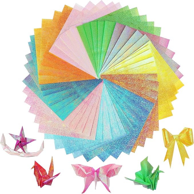 Glitter Origami Paper: 100 Sheets 10 Colors Shiny Iridescent Paper - 6 Inch Square Colored Paper for DIY Decoration, Scrapbook Decor, Folding Crafts, Arts and Crafts Projects