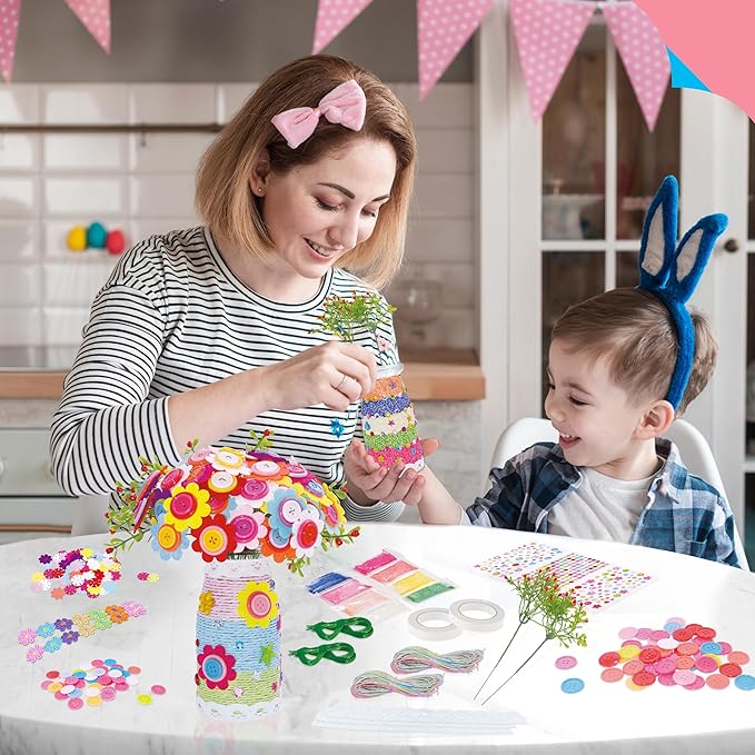 SpriteGru Flower Craft Kit for Kids, Make Your Own Flower Bouquet with Buttons and Colorful Petals, Art Vase and Craft DIY Activity Gift for Boys & Girls Age 4 5 6 7 8 9 10 Year Old (2 Glass Vase)