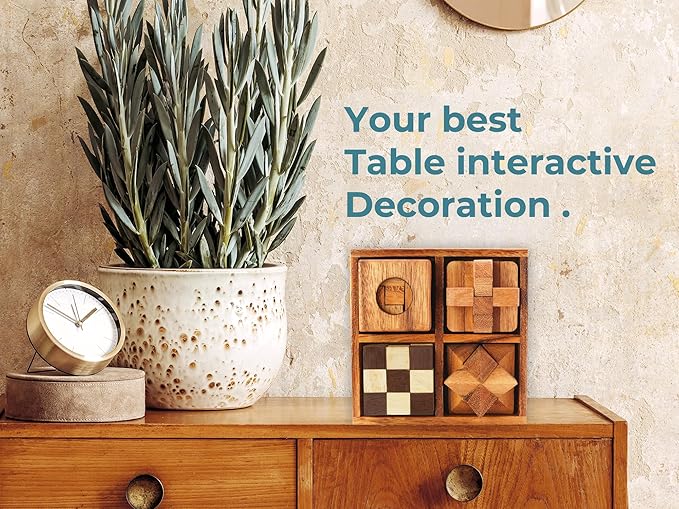 BSIRI Wooden Puzzle Box Set (4 Games) - Challenging Brain Teasers 3D Puzzles for Adults, Interlocking Games for IQ Test. Ideal for Rustic Patio Decor, Unique Gift for Christmas and Birthdays