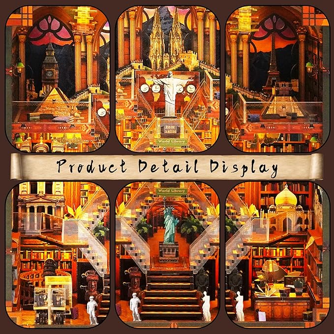 Book Nook Kits for Adults – The World Library Booknook – 3D Wooden Puzzle with LED Lights – Creative Bookshelf Insert & Educational Gift for Book Lovers & DIY Enthusiasts
