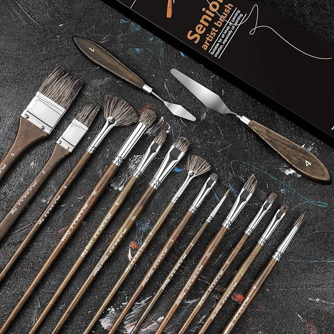 Oil Paint Brush Set, 15Pcs Fuumuui Professional Paint Brushes Natural Badger Bristle with Flat, Fan, Angle, Round, Filbert for Oil, Acrylic Canvas Paintings with 2pc Palette Knife