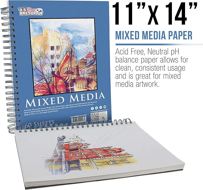 U.S. Art Supply 11"x14" Mixed Media Sketchbook, 2 Pack (60 Sheets), 98 lb (160 GSM) - Spiral-Bound Pad with Perforated Acid-Free Paper - Artist Sketch Book for Drawing, Painting, Watercolor