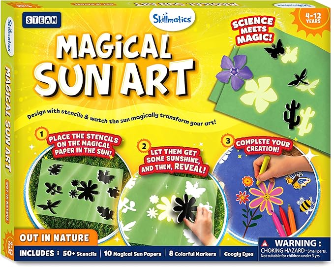 Skillmatics Sun Paper Art Kit - STEM Craft Kit for Kids with Decorative Paper, Stencils & Markers, Create with Sunlight, Mess-Free, Indoor Fun, Gifts for Ages 4, 5, 6, 7, 8, 9, 10, 11, 12